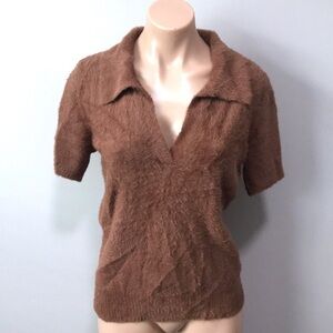 Moth Anthropologie Brown Fuzzy Short Sleeve Collar Polo Sweater Medium